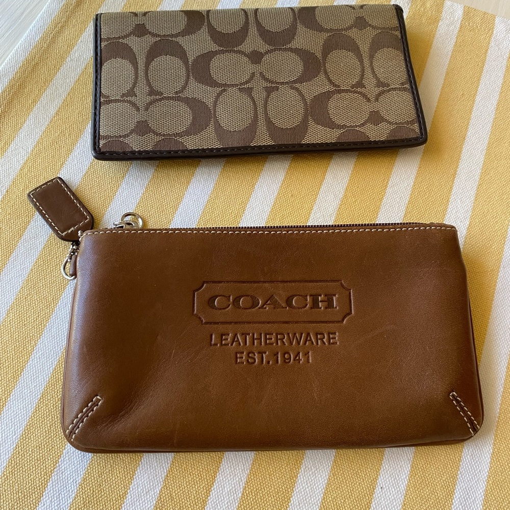 Coach Jacquard/Leather Checkbook Cover and Brown Leather Pouch